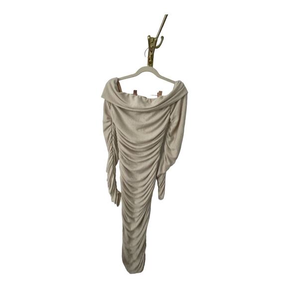 Bronx and Banco Amara Midi Dress Ruched Off the Shoulder Linen Neutral M/US 6 - Picture 6 of 16